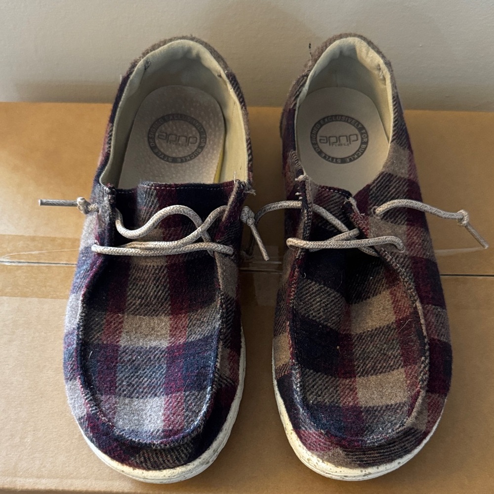 Hey Dude Burgundy and Brown Checkered Shoes